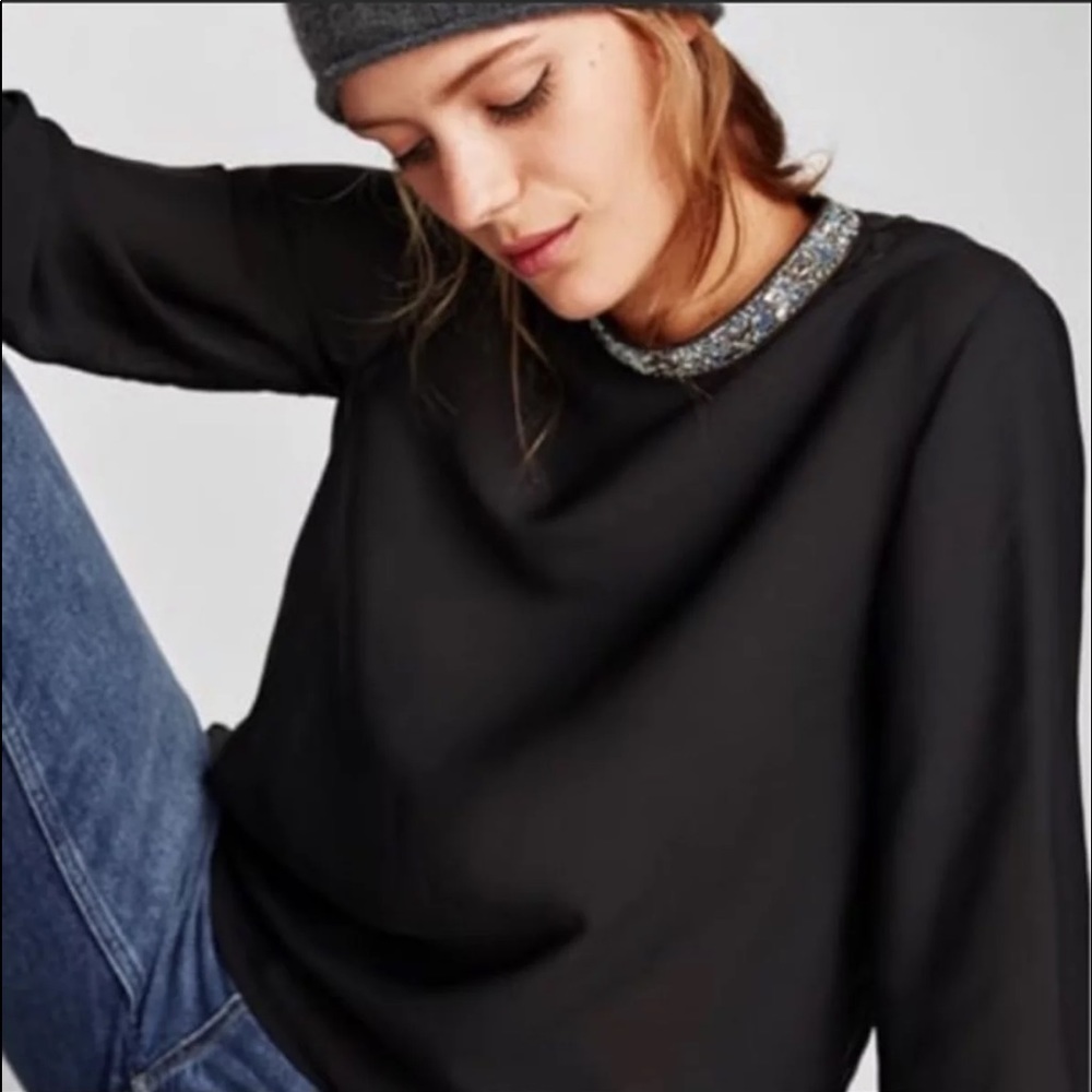 Zara Silk Blouse with Crystal/Pearl Beaded Collar